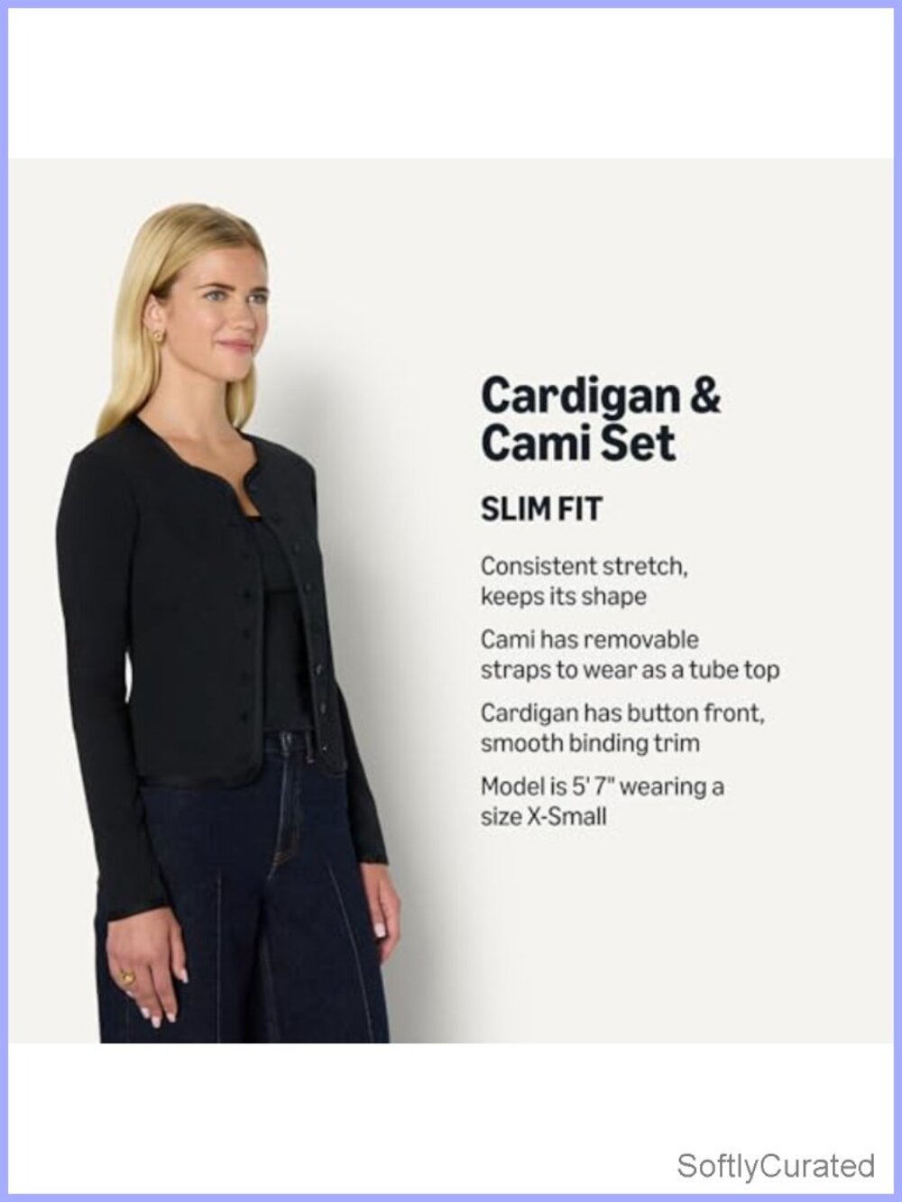 Slim-Fit Ribbed Cardigan & Cami Set Removable Straps Button Front - Picture 3 of 6